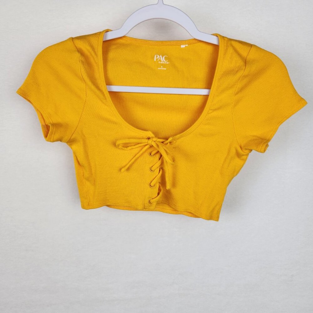 Pac Cares by PacSun Tie Front Lace Up Crop Top Size S Saffon Orange Yellow